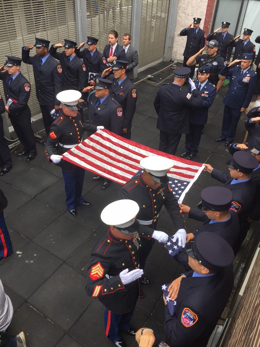 FDNY's tweet image. US Armed Forces members raise the American flag with #FDNY &amp;amp; #NYPD members at #Engine10 #Ladder10 #NeverForget