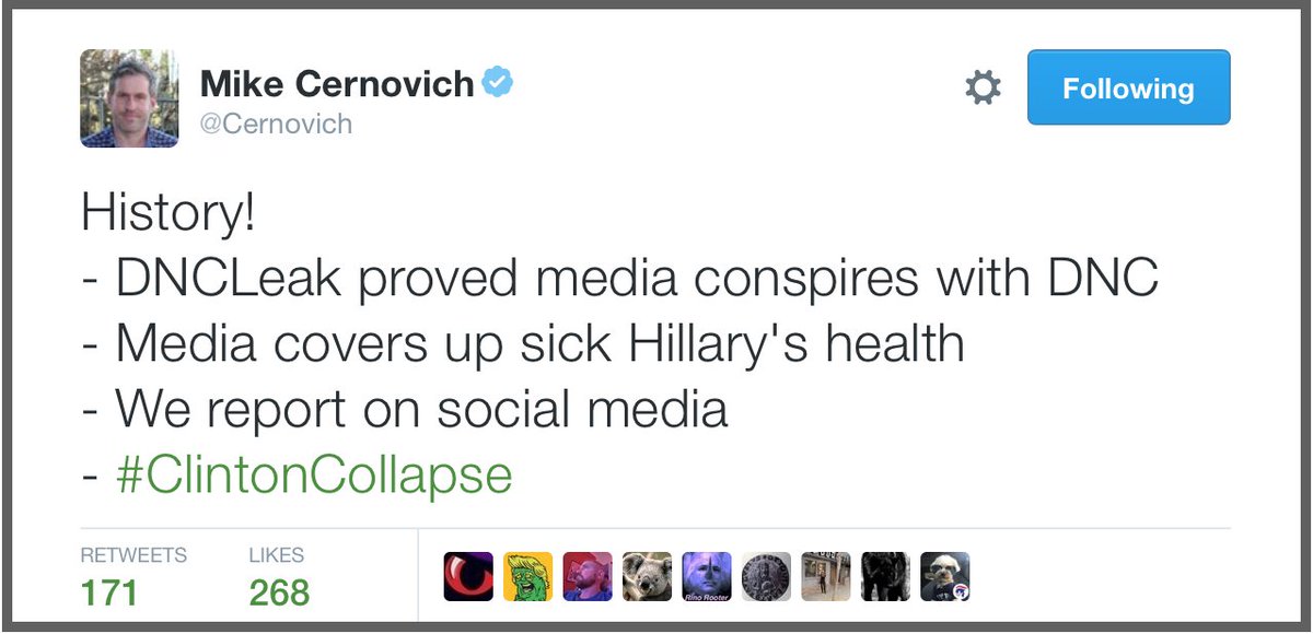 RinoRooter's tweet photo. Ppl like @Cernovich force the media to lead from behind. WAY BEHIND
#HillarysHealth #HillaryOverheated #TrumpPence https://t.co/91l5n5Gegg