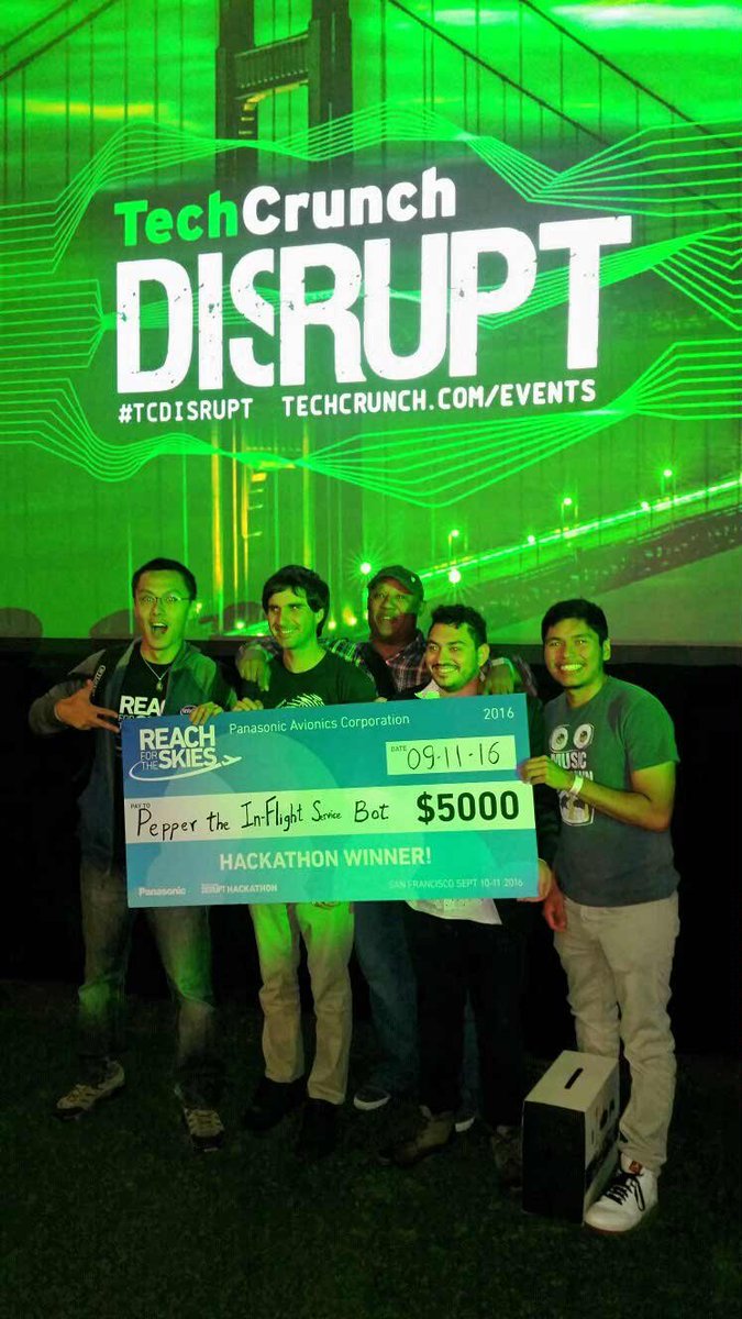 PacHackathon's tweet photo. And our WINNER is Pepper the Inflight Service Bot!! #TCDisrupt #HackDisrupt https://t.co/XC6cOACisN