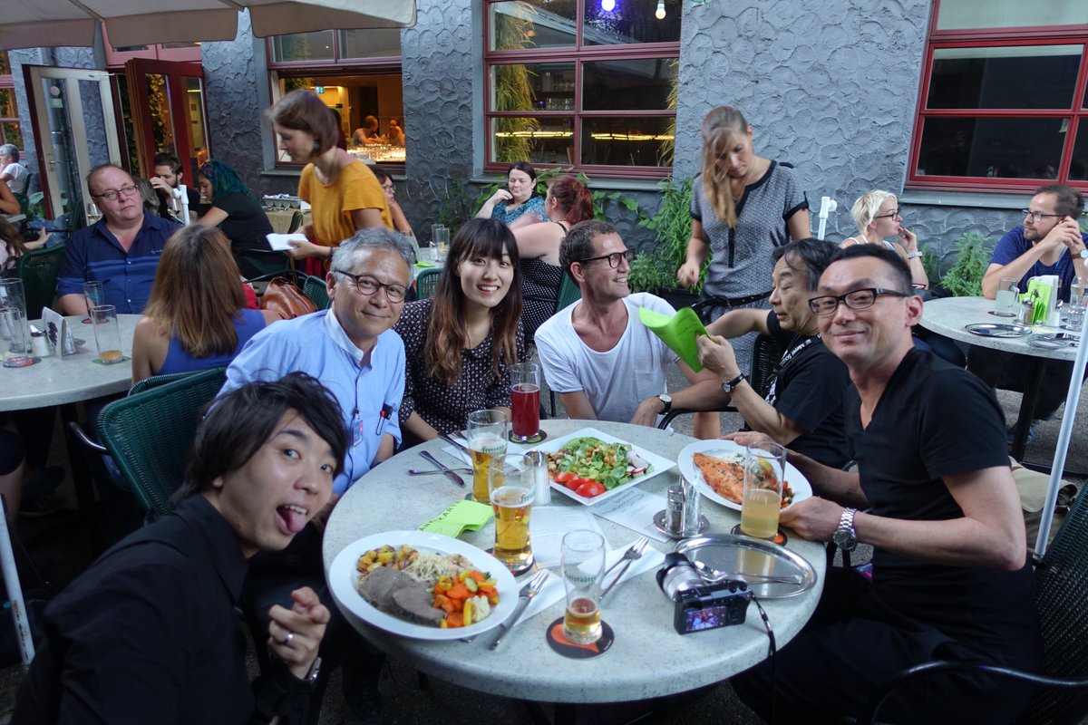 ishii_mit's tweet photo. #RadicalAtoms dinner with Media Arts Gangs @ OK Center Cafe, Linz, Sep 10, just before #100drones @ArsElectronica https://t.co/8fL40G2I6R