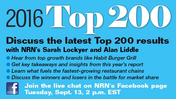 Join me + <a href="/NRNonline/">Restaurant News</a> <a href="/AJ_NRN/">AJ</a> for Top 200 Facebook chat tomorrow Sept. 13, 2 PM EST. More: ow.ly/j6MH3044drn
