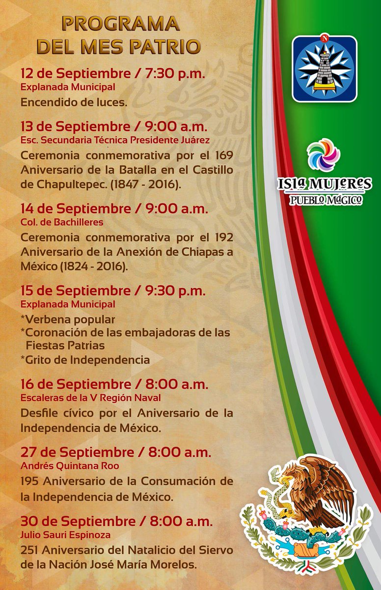 IslaMujeresGob's tweet photo. Ven a disfrutar de las Fiestas Patrias en nuestra hermos Isla.
Conoce el programa del mes patrio. 
#IslaMujeres https://t.co/hVI5WIcNZR