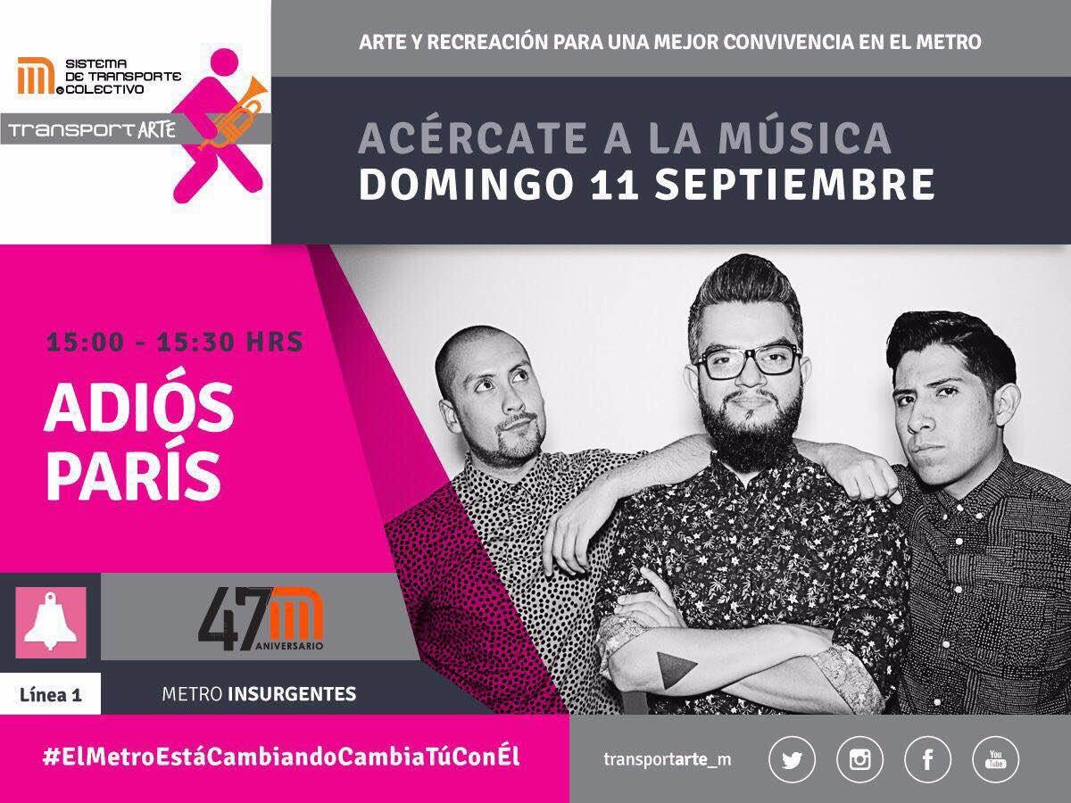 NotYetEntertain's tweet photo. En unos minutos más @AdiosParismx en la glorieta de Insirgentes#gratis! Quién va a corear #ChicaBonita? https://t.co/BPEpjlcZkH