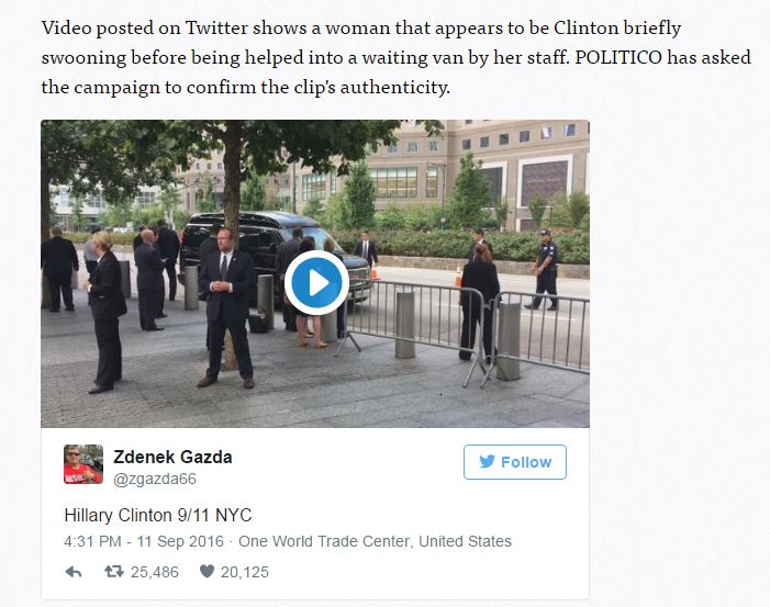 PrisonPlanet's tweet photo. Politico doesn't even dare to confirm that the woman in the clip is Hillary. 

😄😄😄

The media is totally castrated. https://t.co/BF21JyP7s1