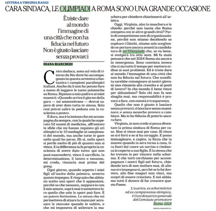 roma2024's tweet photo. Ecco la lettera aperta della nostra Coordinatrice Generale @DianaBianchedi alla Sindaca @virginiaraggi https://t.co/VMp2N7k4iJ