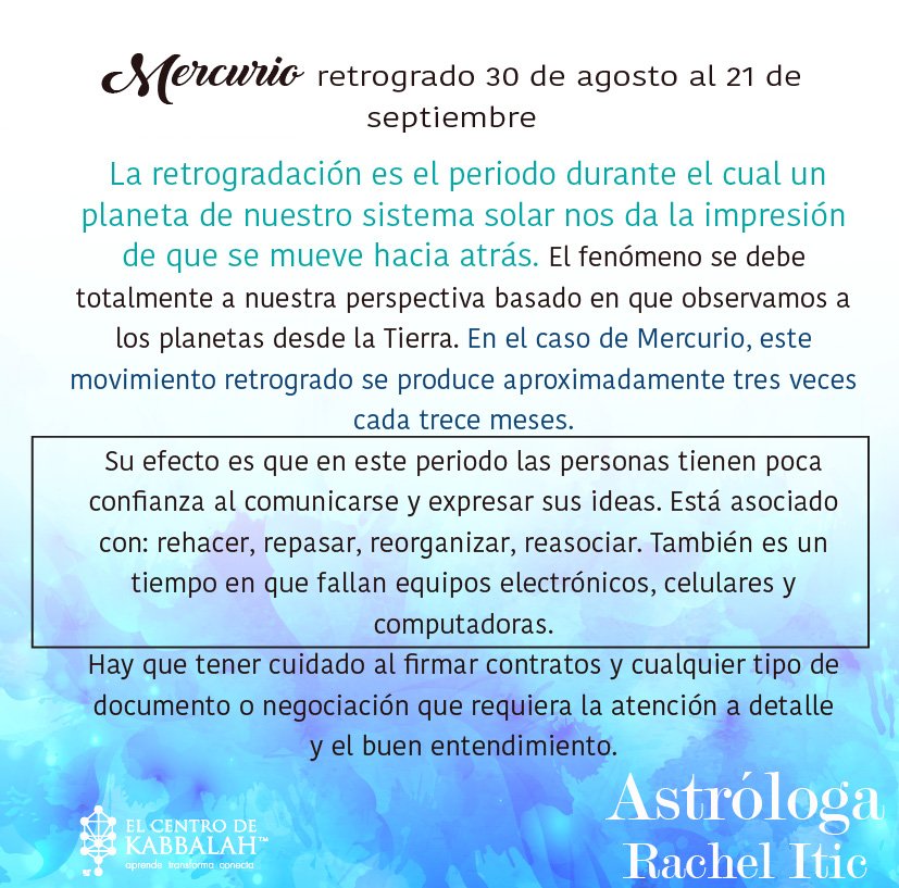 Rachel_Itic's tweet photo. Mercurio retrogado 30 de agosto al 21 de septiembre #astrología #kabbalah #rachelitic https://t.co/G4E9dZbtnR