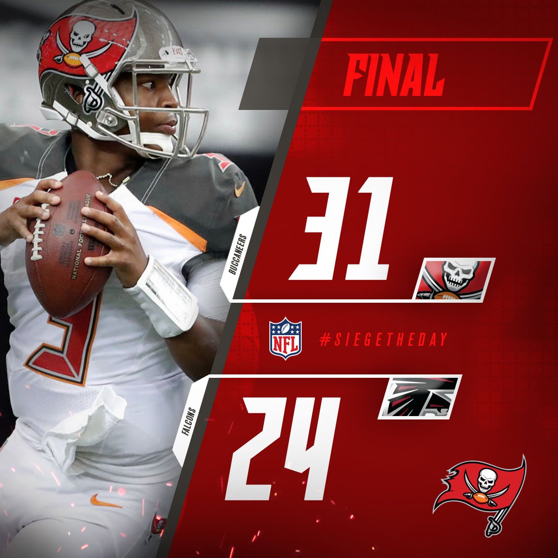 Buccaneers's tweet photo. BUCS WIN!
@Jaboowins 23/33, 281 yards, 3 TDs
@MikeEvans13_ 5 rec, 99 yards, 1 TD
@Showtime17Kwon 17 tackles, 1 sack https://t.co/Lxl0t4QiV4