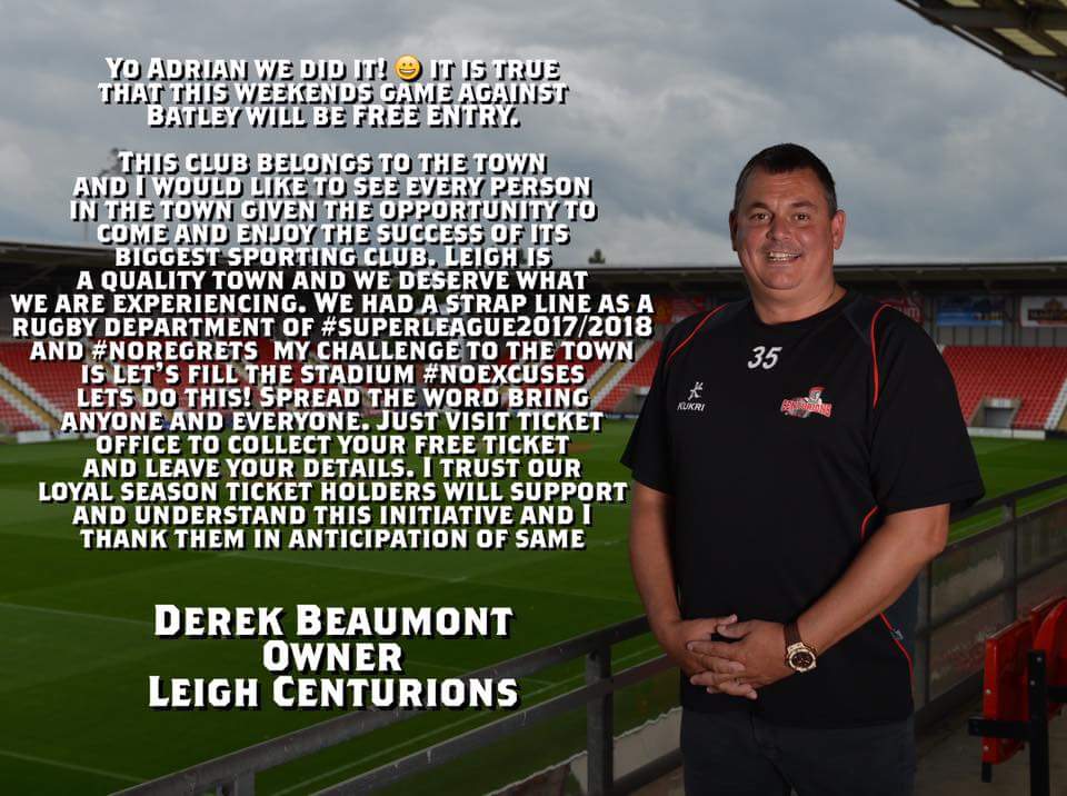 LJGibbo's tweet photo. Free tickets on offer for the next Leigh game. Great gesture. #leighrl #RL @The18thManUK @RLLatest @SkySportsRL https://t.co/iqqaNLeZgA