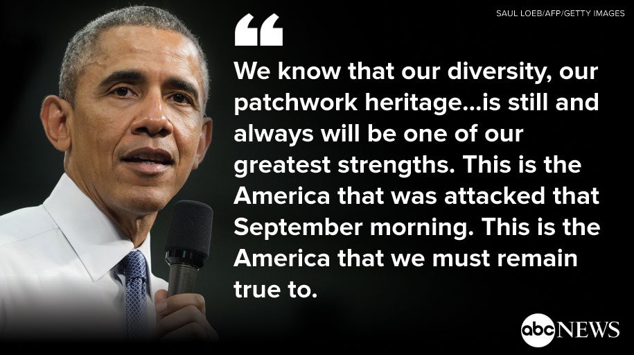 ABCPolitics's tweet photo. Pres. Obama calls on Americans to embrace the nation's character on 9/11 anniversary https://t.co/6WsdXUft5X https://t.co/vK6IueAMOZ