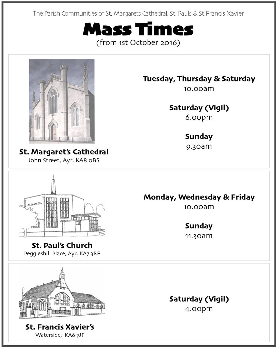 Mass Times are changing on 1st Oct in St Margarets, St Pauls &amp; St Francis Xaviers. Here is a guide to new times: ^CC