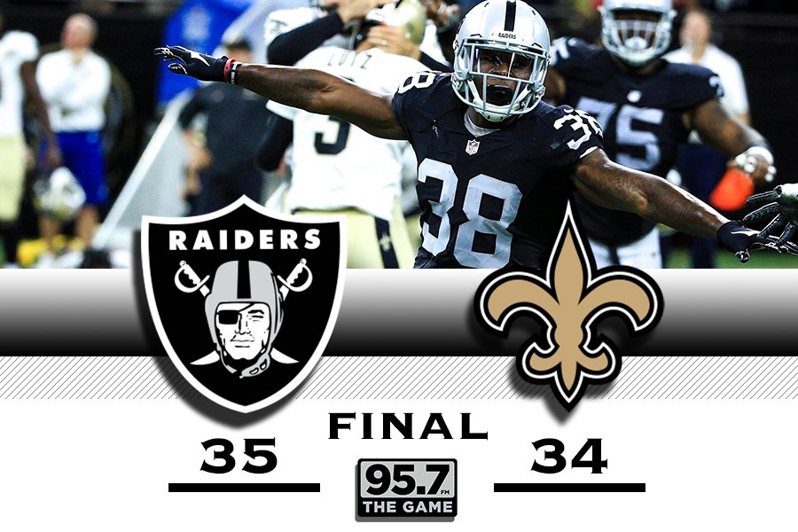 957thegame's tweet photo. #Raiders over the @Saints 35-34 in a thriller down in #NOLA! Who's your player/Coach of the game?! #RaiderNation https://t.co/W0zySWtap8
