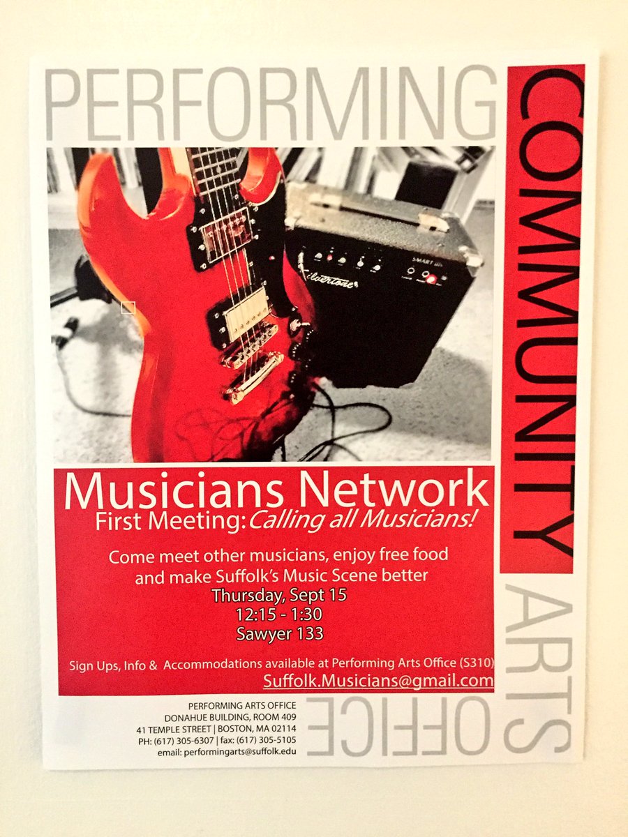 SUmusicnetwork's tweet photo. CALLING ALL MUSICIANS AT SUFFOLK! Our first meeting of the semester will be this Thursday! Hope to see you there! https://t.co/PBkt6Md4PE