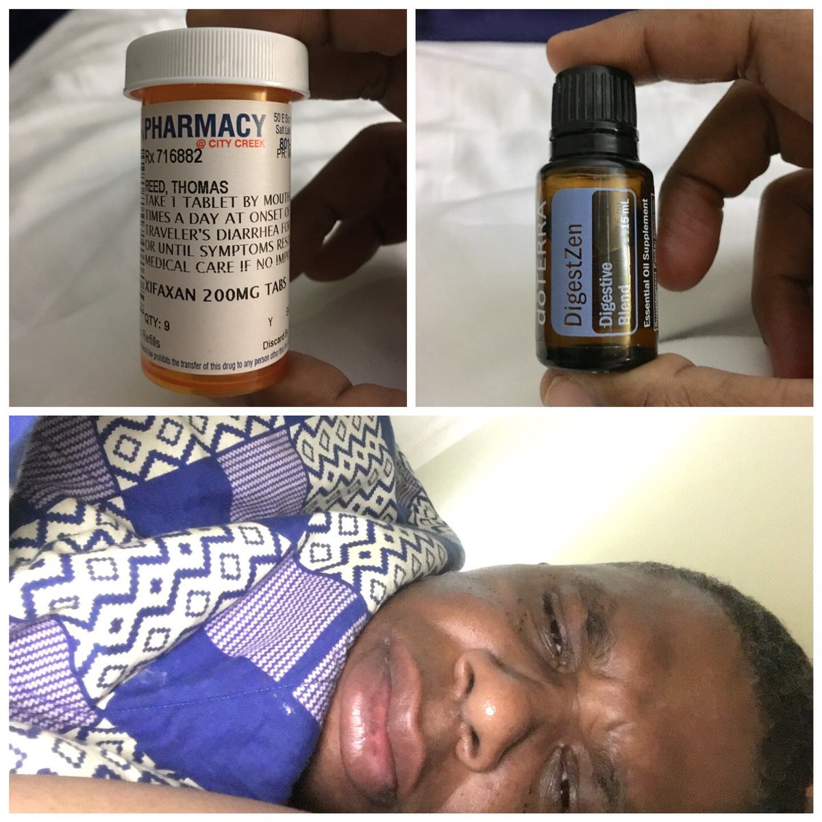 iamthomreed's tweet photo. Traveler's diarrhea ain't no joke! Glad I have my #essentialoils &amp; meds from home #dōTERRA #ThomInGhana https://t.co/M5wdDDIBjh