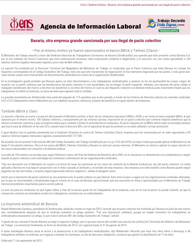 Sinaltraceba's tweet photo. https://t.co/gGU6S23iYA
@BAVARIA_SA sancionada por el uso ilegal de pactos Colectivos @ENSColombia  @trabajodecente https://t.co/Ca3tcPezea