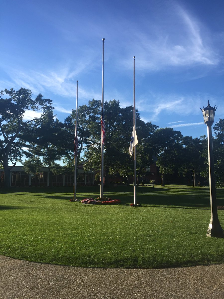 BirthplaceRadio's tweet photo. The flags outside Marsh Memorial are at half mast today for the victims of 9/11 #NeverForget https://t.co/6h5jFAHSMJ