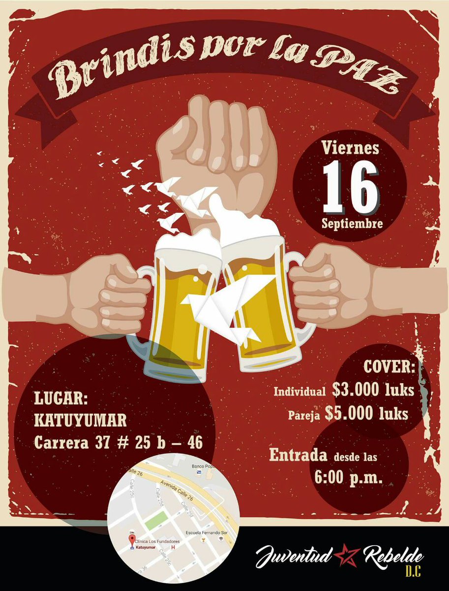 JRBogotaDC's tweet photo. Invitados este viernes 16 de septiembre a la #FiestaRebelde #BrindisPorLaPaz https://t.co/t0HjMfgiyD
