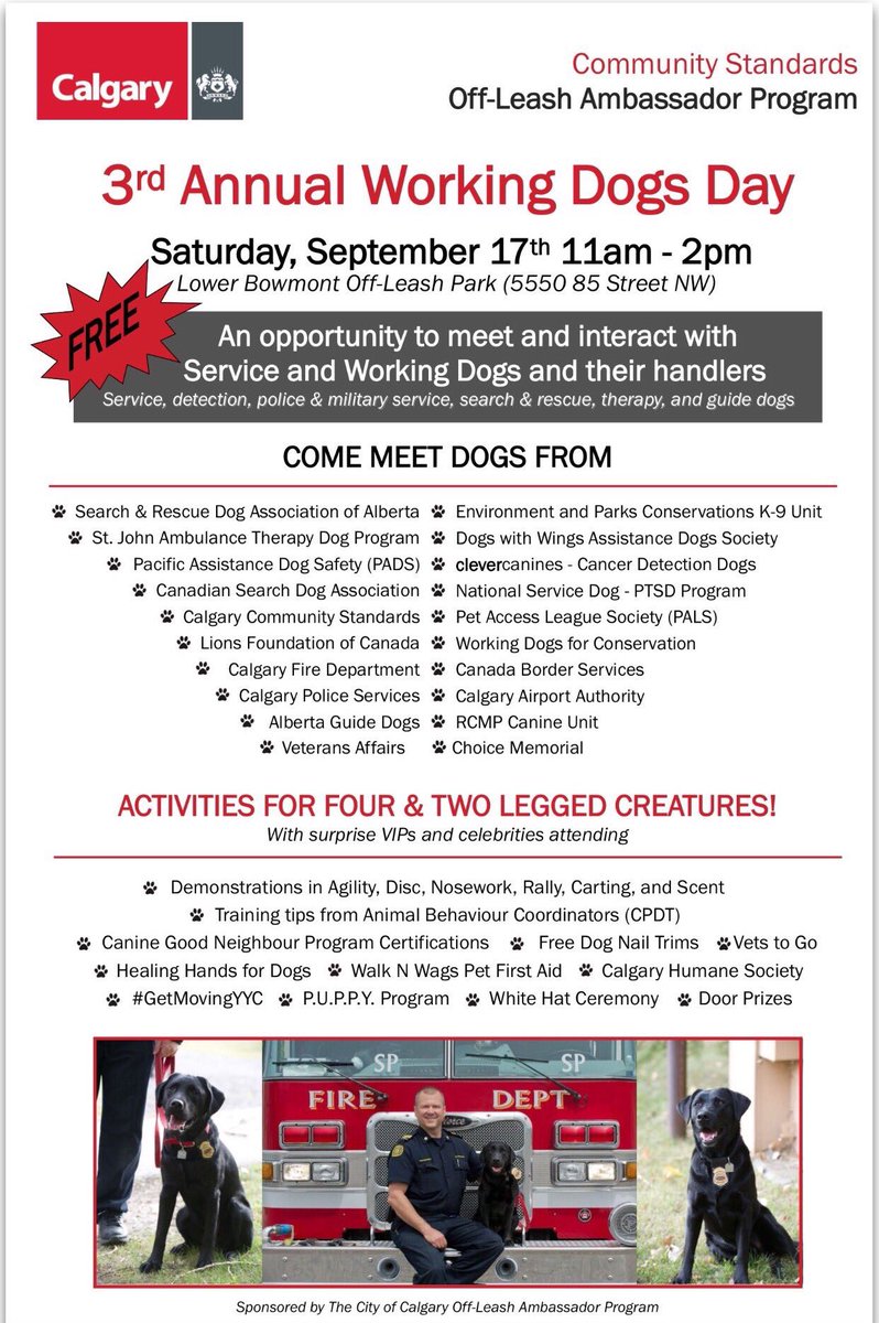 CherylHerperger's tweet photo. Join us for #WorkingDogsDay Sat Sept 17 11-2 Bowmont Park. Pls RT @CochraneSAR @SARDogBlaze #yycdogswithjobs #yyc https://t.co/Xhj5tQgeTE