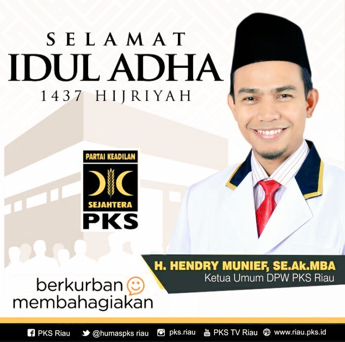 <a href="/hmunief/">Hendry Munief</a>  Ketua DPTW <a href="/pksriauku/">PKS Riau</a> mengucapkan Selamat Idul Adha 1437 H