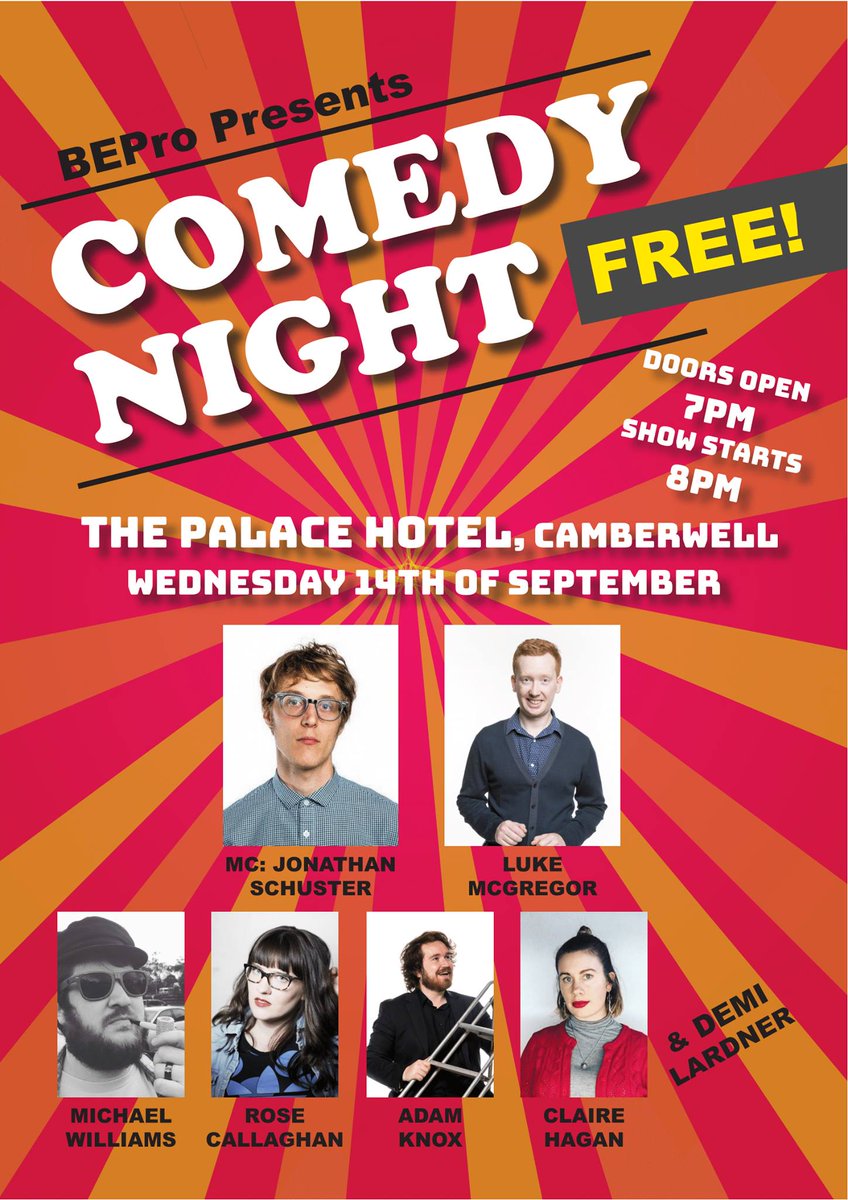 Liss794's tweet photo. FREE COMEDY - THIS WEDNESDAY - PALACE HOTEL CAMBERWELL. Please RT and spread the word. https://t.co/joIiRx8U96