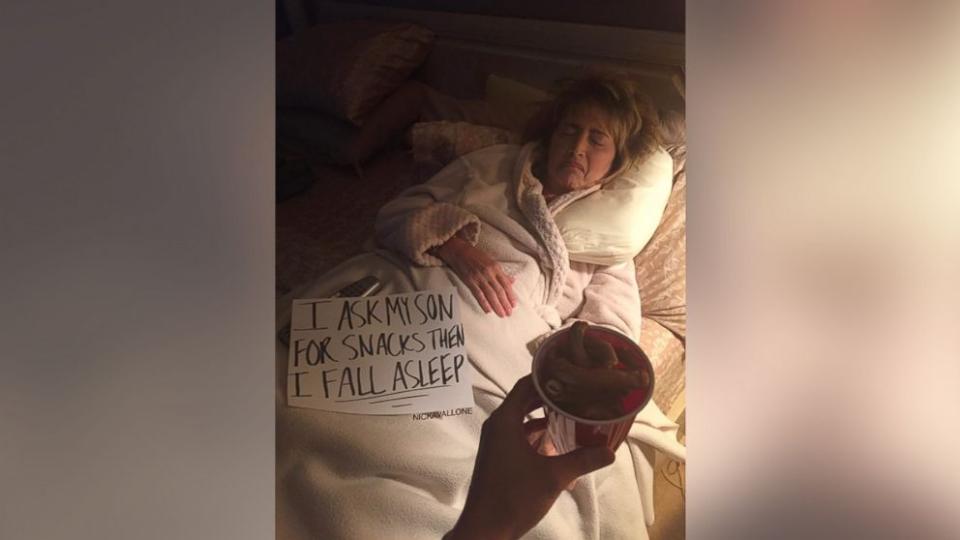 GMA's tweet photo. Son posts hilarious photos of mom who often falls asleep after asking for bedtime snack: https://t.co/wtpLmvGOws https://t.co/f61v34c26r