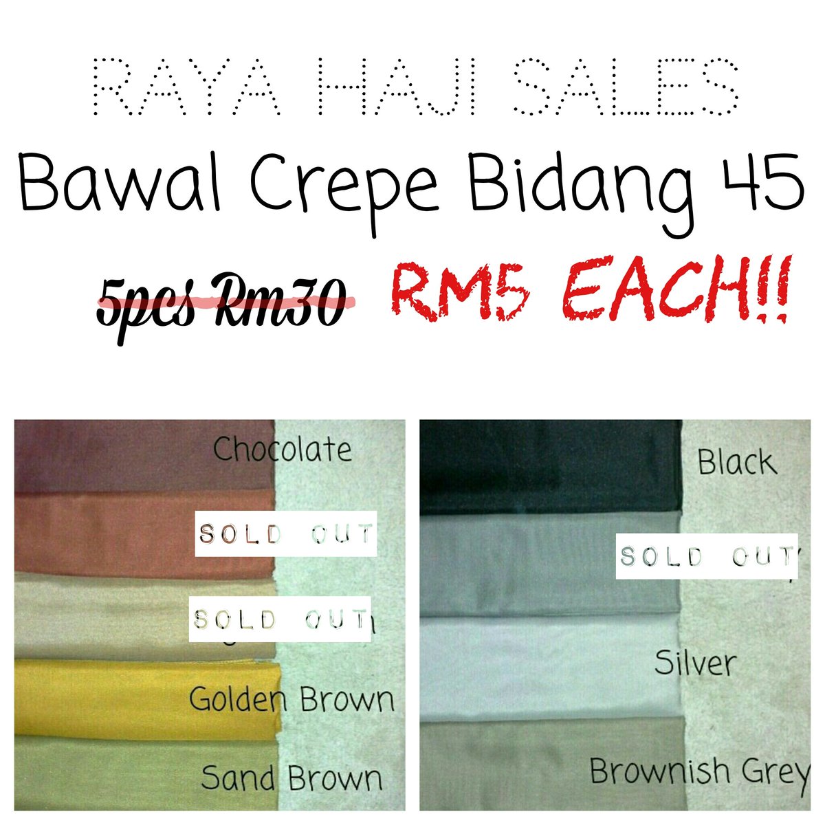 newheejab's tweet photo. Raya haji sales. Bawal crepe b45 only RM5 per piece! DM us to place your order💞 #ttshop #rezekikami #iklantk https://t.co/pdYGPXbrFj