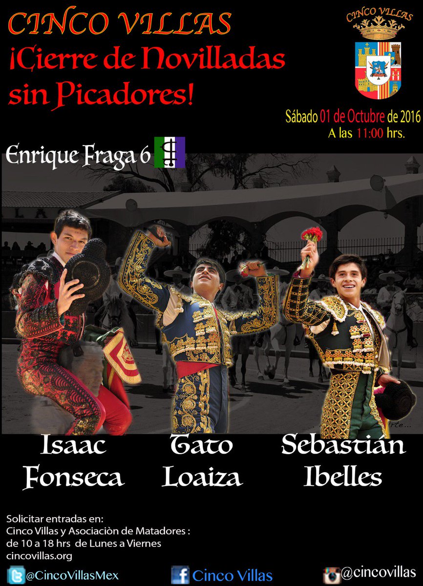 RT Gran Final Oct 1o #CincoVillas #NovilladaSinPicadores #IsaacFonseca
#TatoLoaiza 
<a href="/Sebas_ibelles/">Sebastián Ibelles</a> 
6 <a href="/GanaderiaEF/">GanadoEnriqueFraga</a>