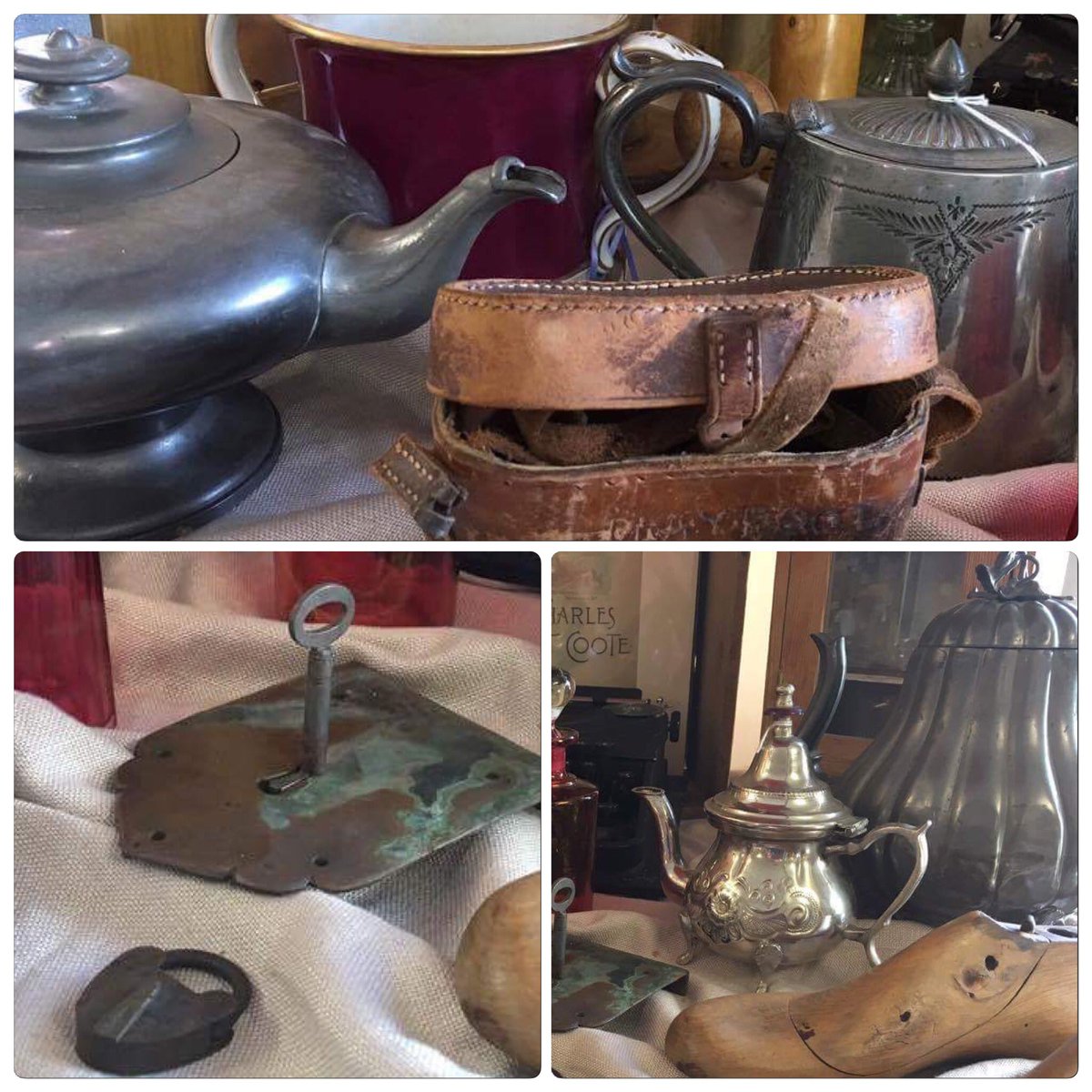roseandesq's tweet photo. Quirky current stock items @dagfields #pewter #leather #locks #shoelasts #teapot #vintage #quirky https://t.co/Qk5H5FMe5f