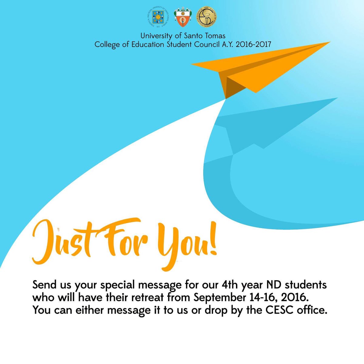 UST_CESC's tweet photo. Care to give a short message?
The 4th year ND students will be having their Retreat from Sept. 14-16. 😇 https://t.co/3w8pFIprUe