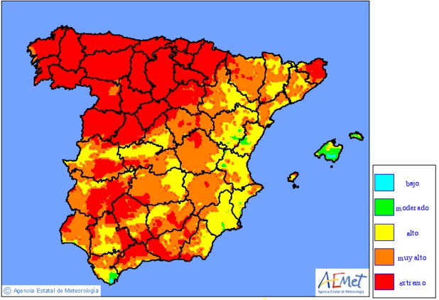 Riesgo EXTREMO en toda Castilla y León
Mapa de niveles de riesgo de incendio previstos. Península y Baleares
🔥🔥🔥🔥🔥🔥🔥