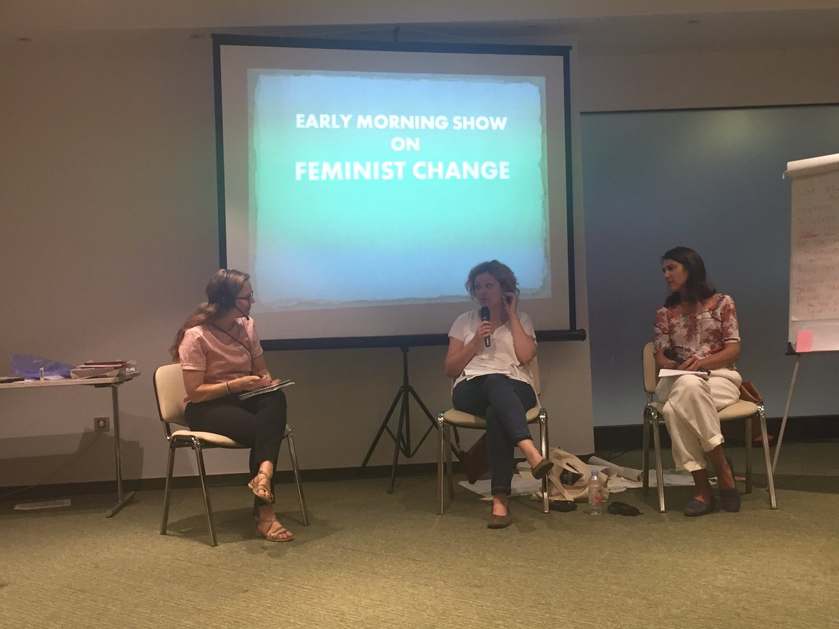 YKosovo's tweet photo. Early morning show on Feminist Change. Here with us today are two representatives of Katalyst Organization. #YWPA https://t.co/dH3H3lh2Y4