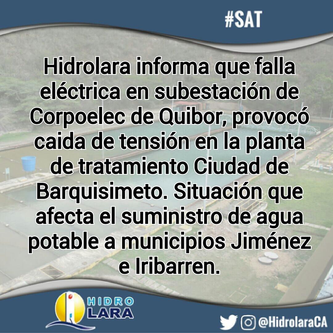 primeraplanatv's tweet photo. via @HidrolaraCA: #SinLuzNoHayAgua Falla eléctrica afecta servicio de agua potable a #Jiménez e #Iribarren https://t.co/ZuxjU8EvUt