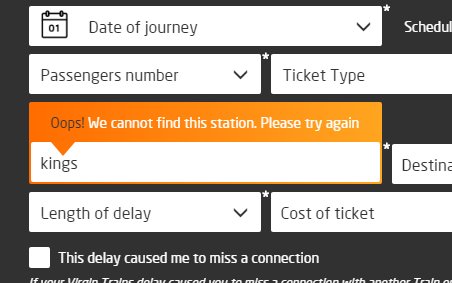 ar8820's tweet photo. @Virgin_TrainsEC Can't use DelayRepay - the web form won't recognise London Kings Cross! What am I doing wrong? https://t.co/q3BA0f8CWK