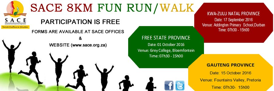 DigitalClassSA's tweet photo. Teachers run for fun! Join the @SACE9 Fun Run/Walks in KZN, Free State, Gauteng https://t.co/Ae7nPR2pV7 @DBE_SA https://t.co/sn6u3bAoao