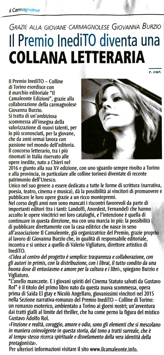 La presentazione su <a href="/Il_Carmagnolese/">Il Carmagnolese</a> della nuova casa editrice #IlCamaleonteEdizioni collegata al #PremioInediTO