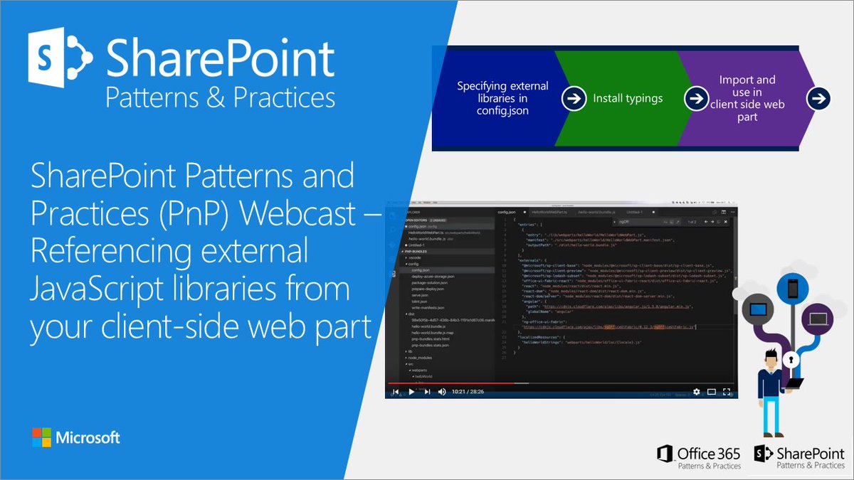 Microsoft365Dev's tweet photo. New #SharePoint PnP webcast - Using external JS libraries with #SPFx client-side web parts https://t.co/XhE0rspaDd https://t.co/6uU8djWOKk