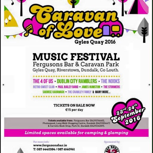 FergusonsBarGQ's tweet photo. @Louthchat  #CaravanOfLove - Sept 23&amp;24 €15 per day. Card payments 00353429355667 &amp; 00353429334359 #livemusic #louth https://t.co/5YDTvqpQ8d