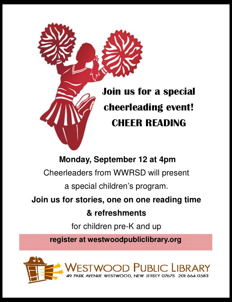 WHS_CardsCheer's tweet photo. Come read w/ us today at the @WestwoodLibrary! Looking forward to #cheerreading with everyone!! @WWRSDAthletics https://t.co/F9wDf8gn9D