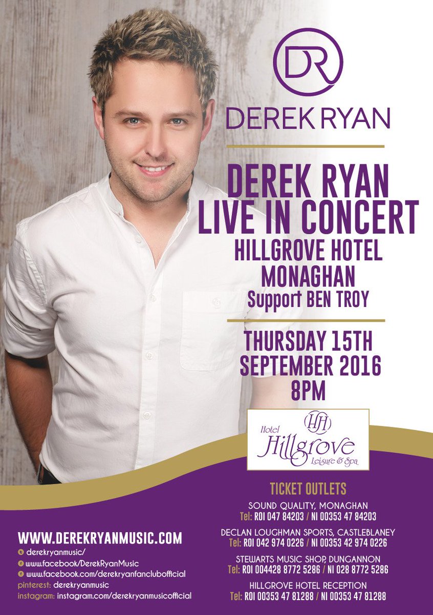 HillgroveHotel's tweet photo. Don't forget @derekryanmusic in Concert this Thur 15th Sept @HillgroveHotel. Tickets only โฌ20 each https://t.co/ntGNmZjYCG