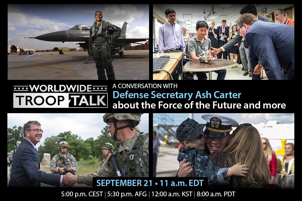 Tune in to Defense.gov to see #SecDef Carter give his Worldwide Troop Talk, Sept 21, @ 11 am ET.