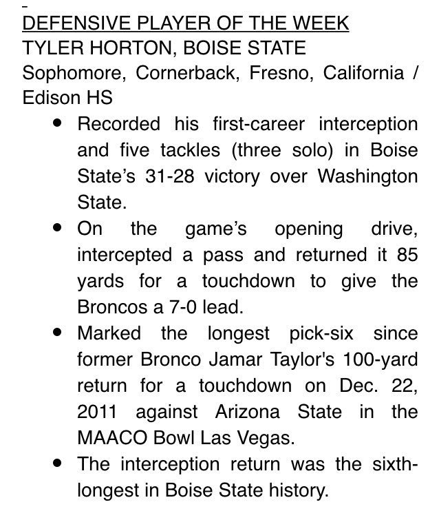 PAGMETER's tweet photo. Congratulations to Tyler Horton 
Former Edison Tiger
MW defensive player of the week for Boise St. 85 yard INT TD!! https://t.co/2aUIqcDIAh