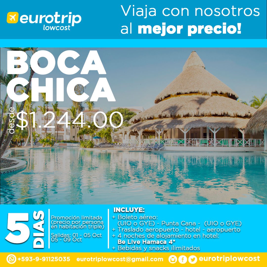 EurotripEc's tweet photo. #visita #bocaChica con esta excelente #promo 😎👙🍹 comunícate por interno para más información. 📞😱 https://t.co/p0PA6VniRb