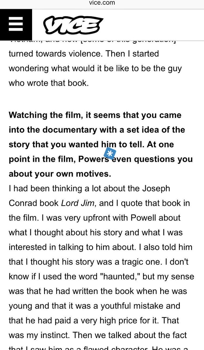 twolfard's tweet photo. @aftabamon Thx for the interesting read/interview #Siskel #Powell. This question's just a typo, right? Powers>Powell https://t.co/DCMbzDpL5x
