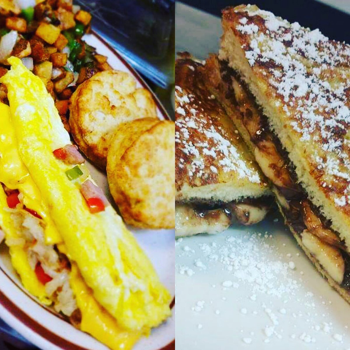 familytablecafe's tweet photo. #nutella #banana #frenchtoast #omlette #homefries #biscuits #breakfast https://t.co/B2MQTKFHTE
