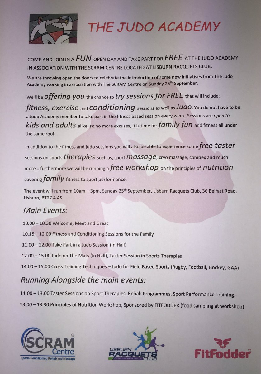 LearEdu's tweet photo. Delighted to have @fitfodder  @scramcentre onboard for @thejudoacademy open day @LisburnRacquets #fitness #Judo https://t.co/XDsZiyRiYE