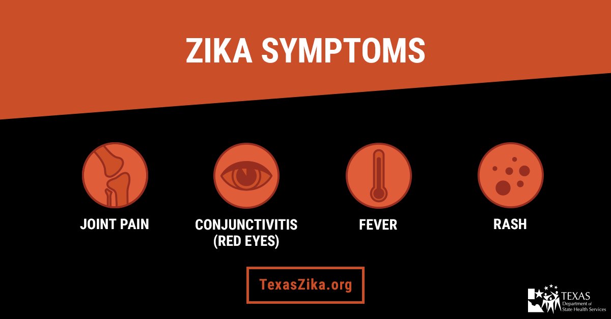DSHS on Twitter: "#Zika symptoms mild and flu-like. Be the lookout for: fever, rash, joint/muscle pain, red eyes, &amp; headaches. https://t.co/M7KQXEBG5H" / Twitter