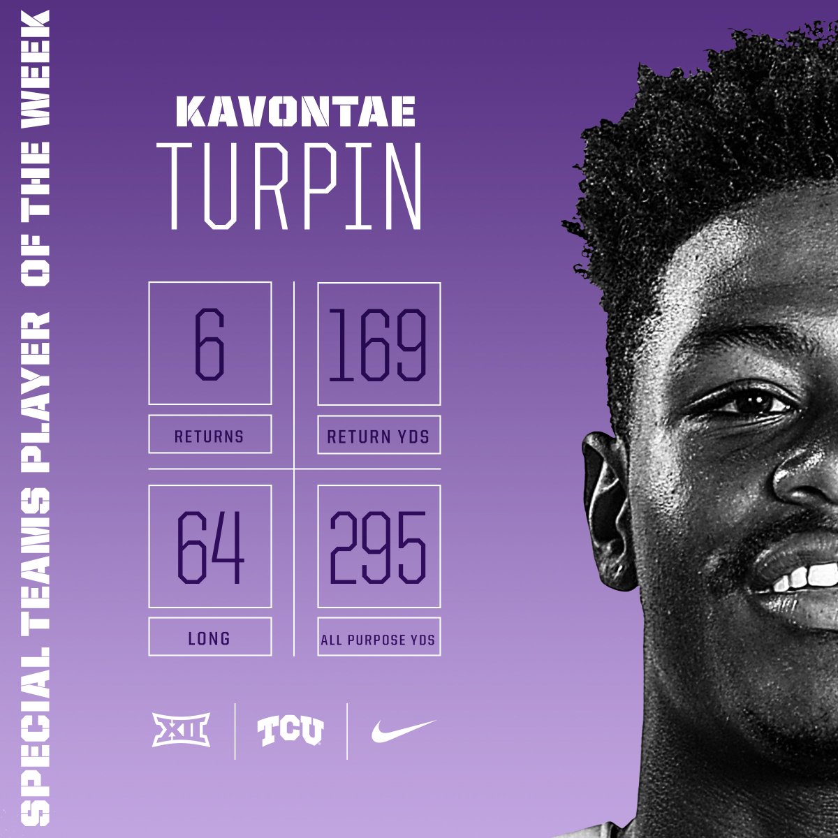 TCUFootball's tweet photo. #TurpinTime going back to back  w/ the @Big12Conference Special Teams POTW honors. #BootUp https://t.co/M7YjbRpjTr