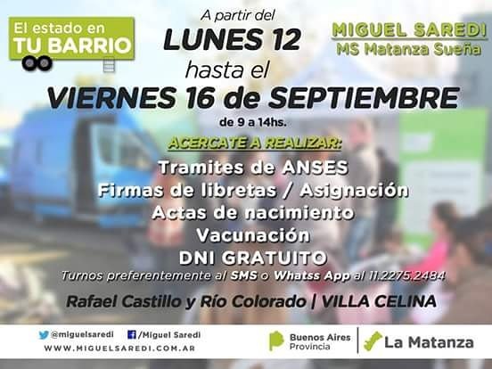 NazaRomeroA's tweet photo. EL ESTADO EN TU BARRIO
Del 12 al 16 de Septiembre en Villa Celina
Reservá turno DNI al 11-2275-2484
Miguel Saredi https://t.co/25TIyPNod9