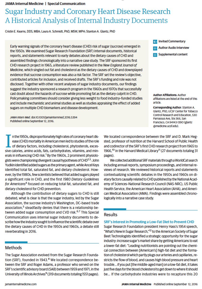 EricTopol's tweet image. Food industry manipulation of research &amp;amp; the 50 yr sugar saga @ProfGlantz @marionnestle archinte.jamanetwork.com/article.aspx?a…