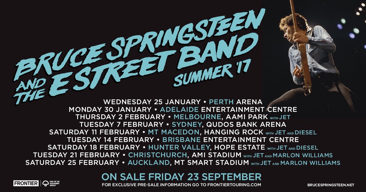 springsteen's tweet photo. Australia! Bruce &amp; The E St. Band return this summer! Tix on sale Sep. 23. More info at https://t.co/rY3AZHwVNE https://t.co/MFJijuzXXS