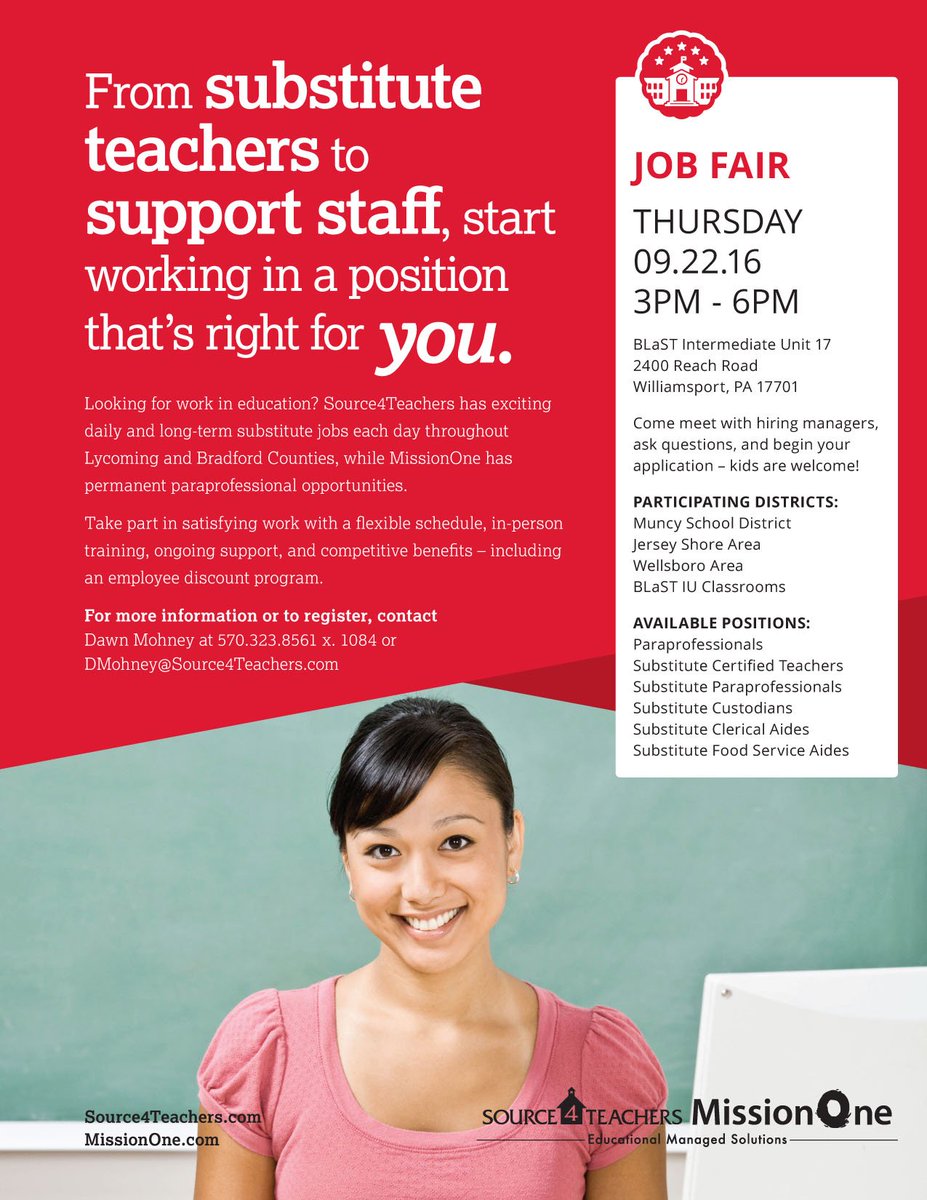 BLaSTIU17's tweet photo. JOB FAIR 9/22: Hiring substitute teachers, paraprofessionals, and more! Multiple participating districts! https://t.co/nnKxvfNXja